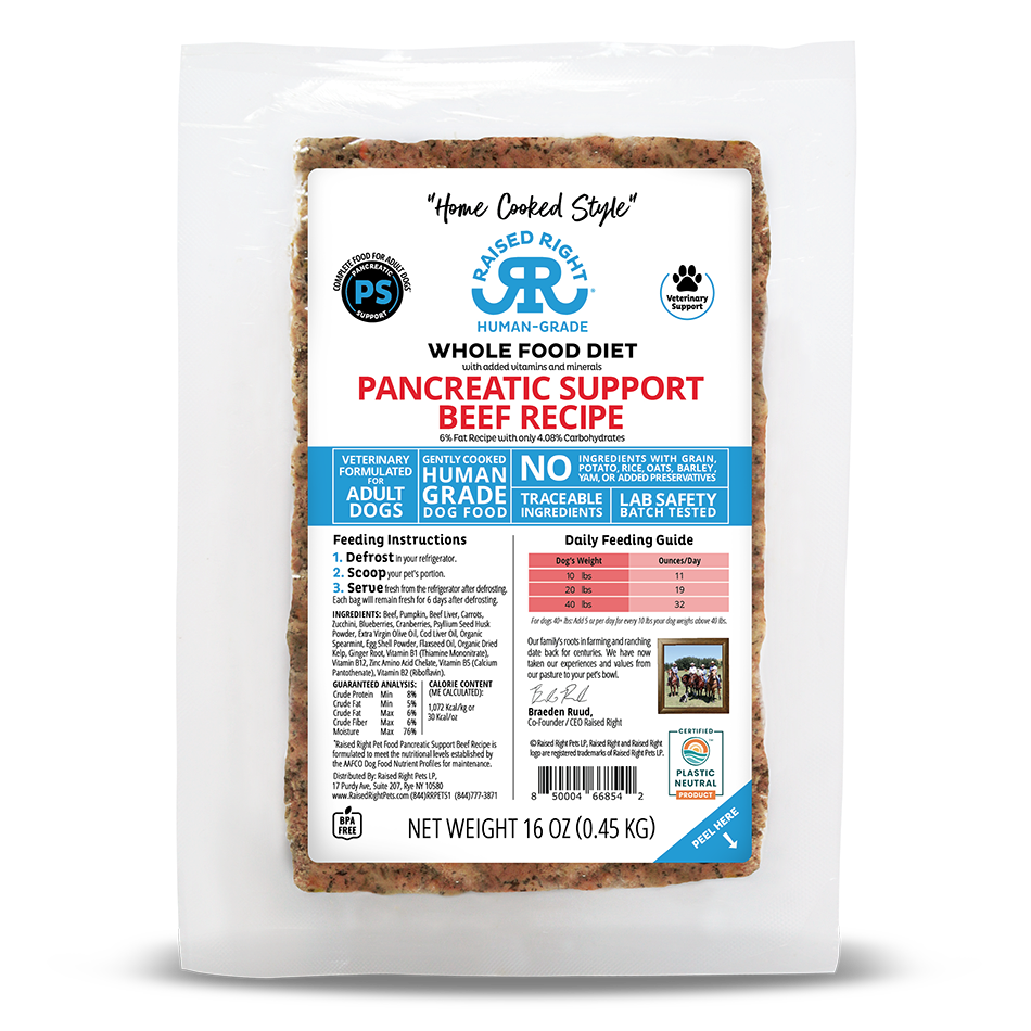 Raised Right Pancreatic Support Beef Recipe, Frozen Gently Cooked Dog Food, 1-lb Pouch