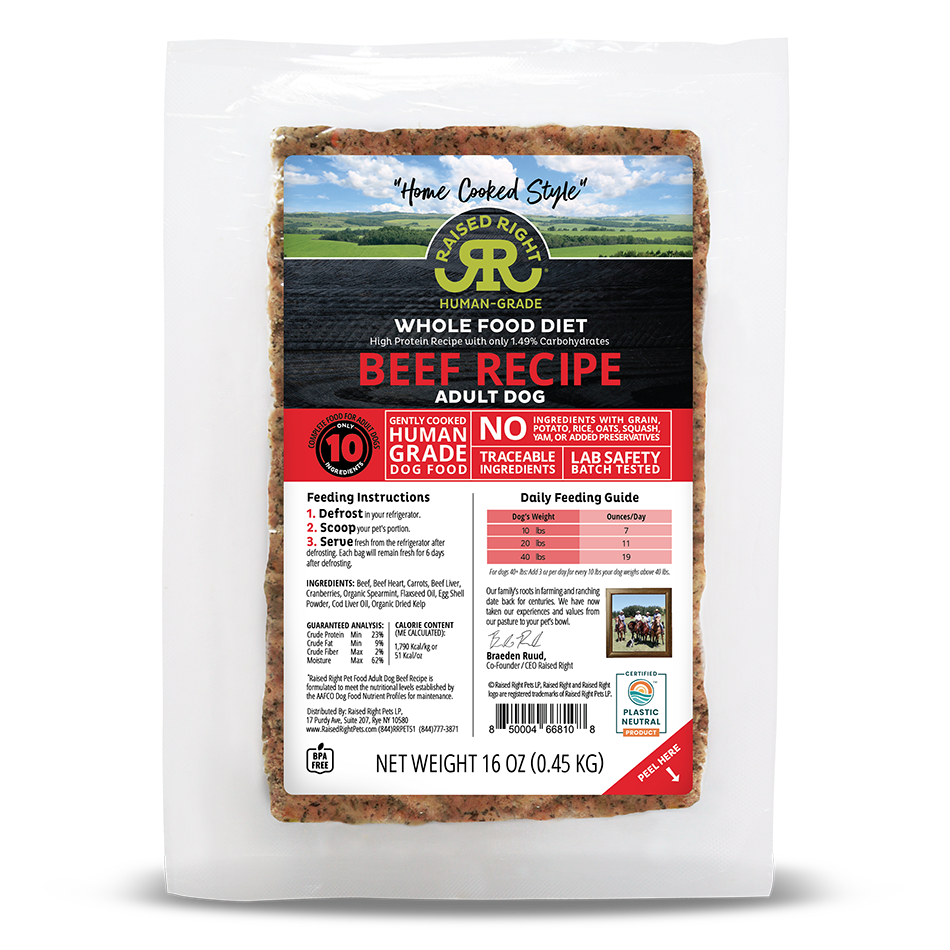 Raised Right Original Beef Recipe, Frozen Gently Cooked Dog Food, 1-lb Pouch