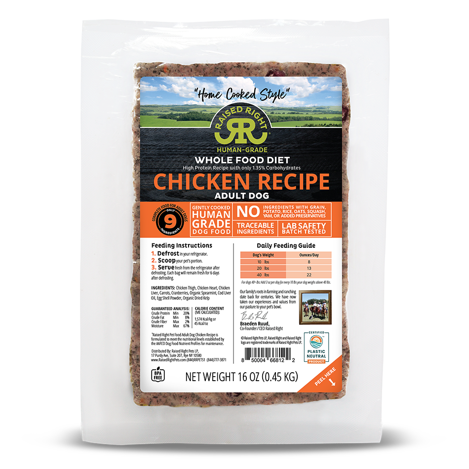 Raised Right Original Chicken Recipe, Frozen Gently Cooked Dog Food, 1-lb Pouch