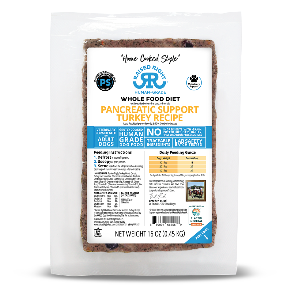 Raised Right Pancreatic Support Turkey Recipe, Frozen Gently Cooked Dog Food, 1-lb Pouch