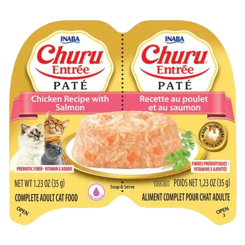 Inaba Twin Cups Churu Entree Pate Chicken & Salmon Recipe, Wet Cat Food, 1.23-oz Case of 6