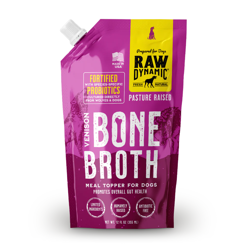 Raw Dynamic Pasture Raised Venison Bone Broth For Dogs, Meal Topper, 12-oz Pouch