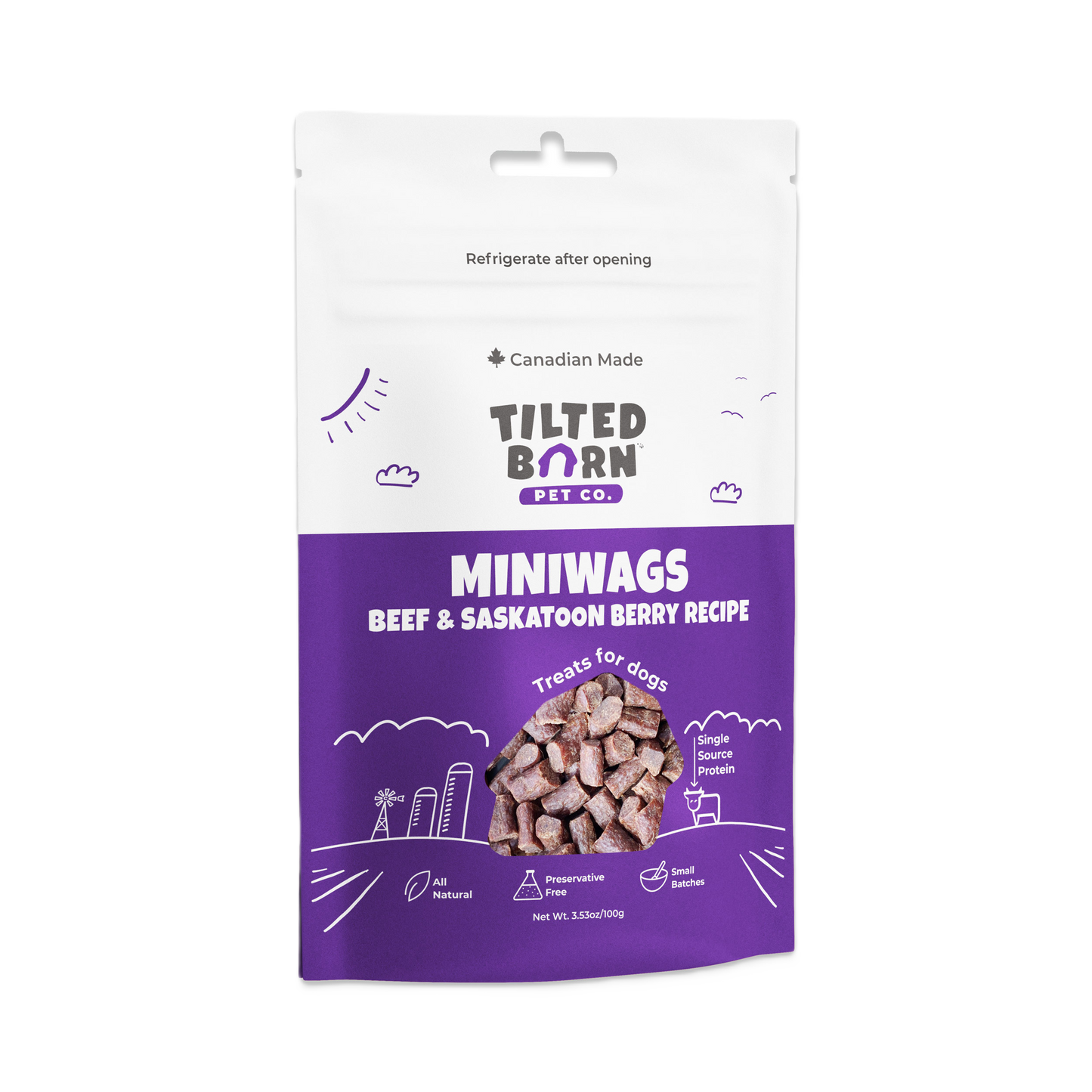 Tilted Barn Miniwags Beef & Saskatoon Berry Recipe, Dog Treats, 3.53-oz Bag