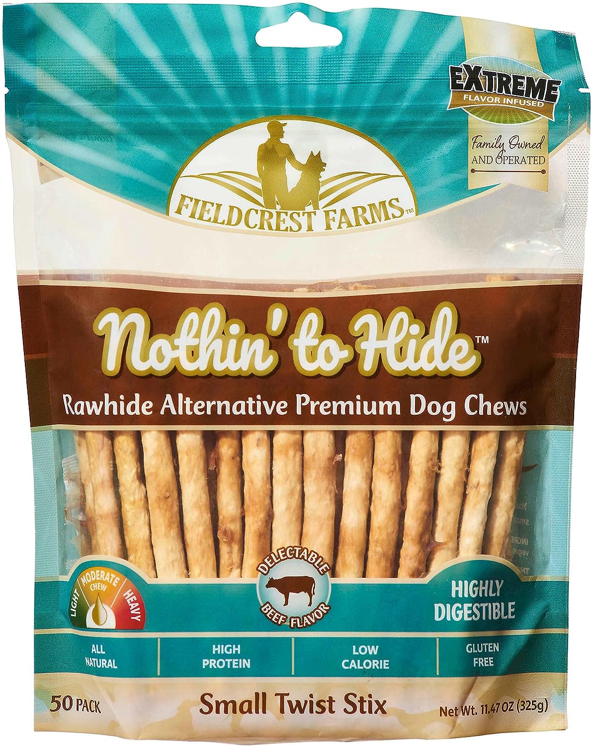 Fieldcrest Farms Nothin To Hide Twist Stix Beef Dog Treats 50-Count, Dog Chew