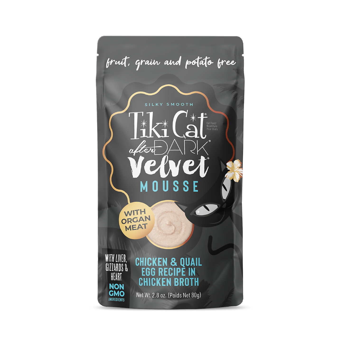 Tiki Cat After Dark Velvet Mousse Chicken & Quail Egg Recipe in Chicken Broth, 2.8-oz Case of 12