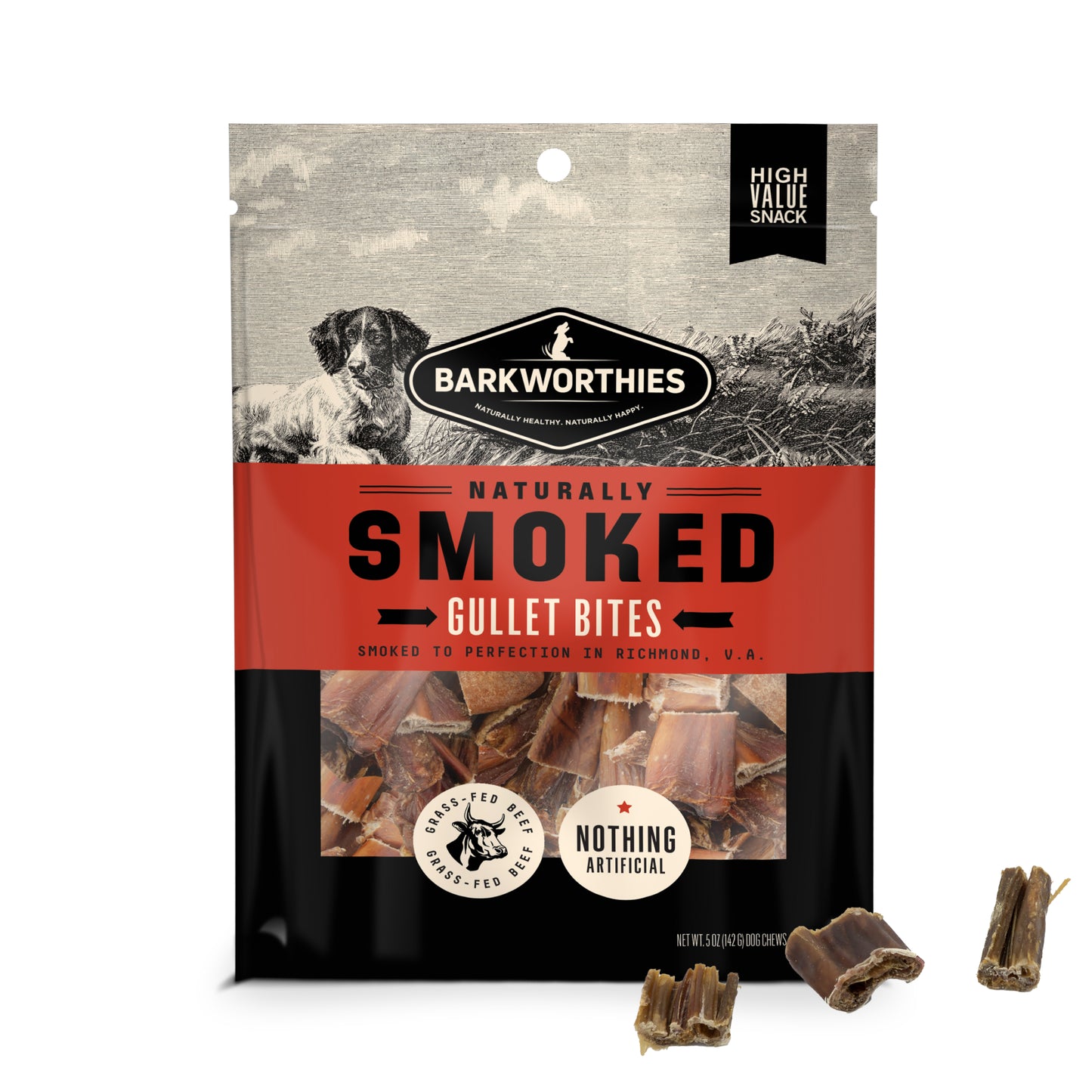 Barkworthies Naturally Smoked Gullet Bites, Dog Chews, 5-oz Bag