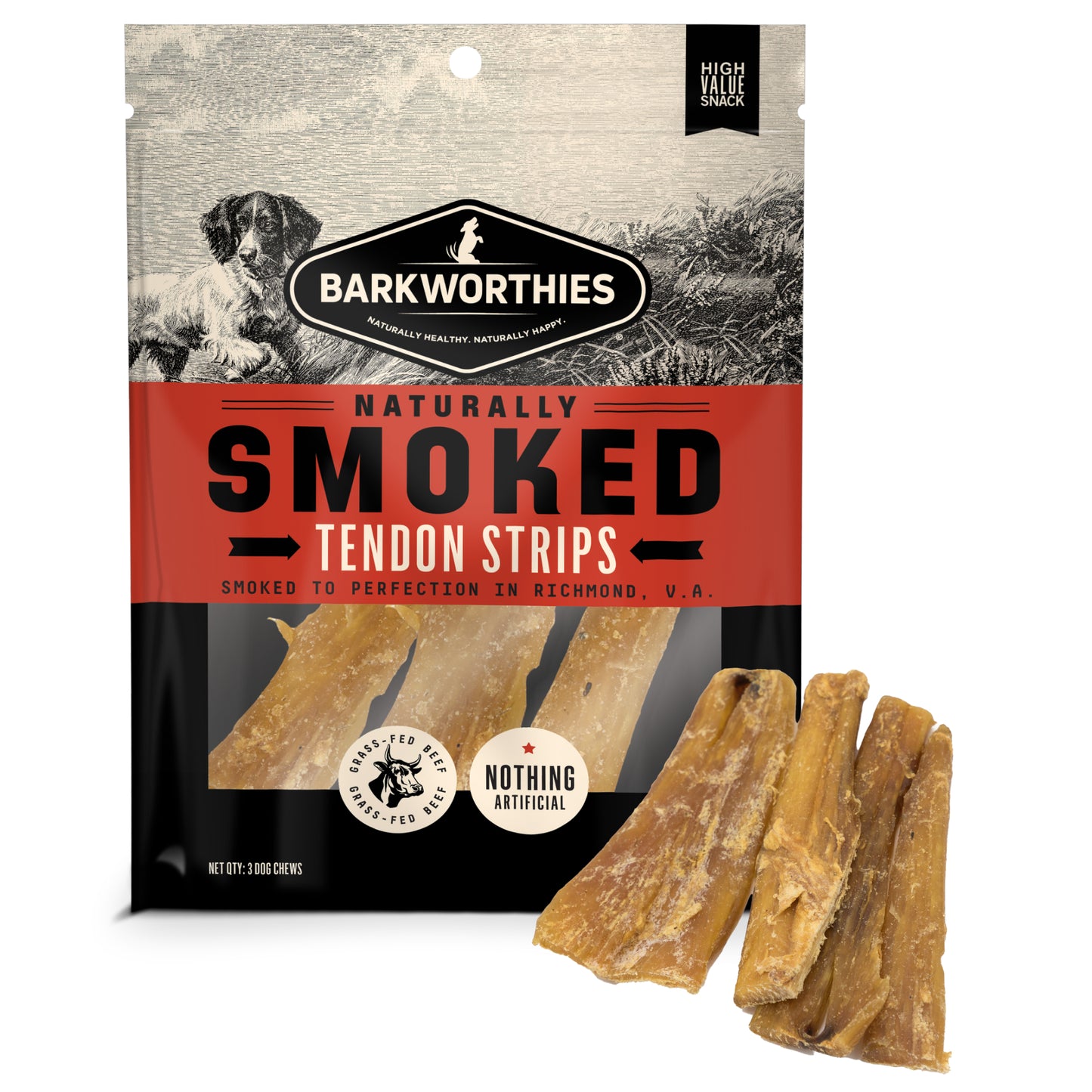 Barkworthies Naturally Smoked Tendon Strips 3 Pack, Dog Chews