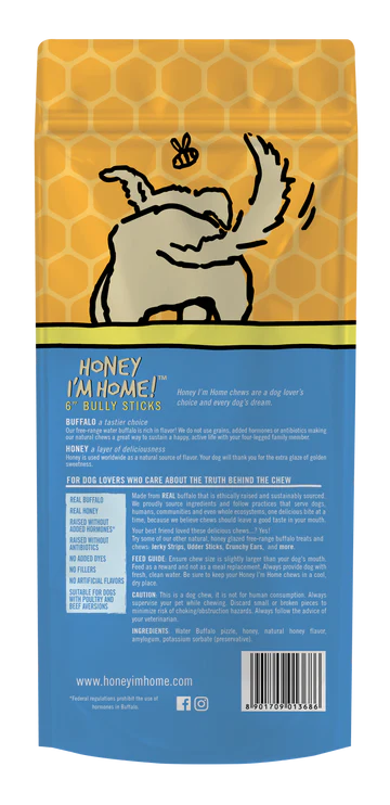 Honey I'm Home Buffalo Bully Sticks Dog Chew, 6-in (5 pack)