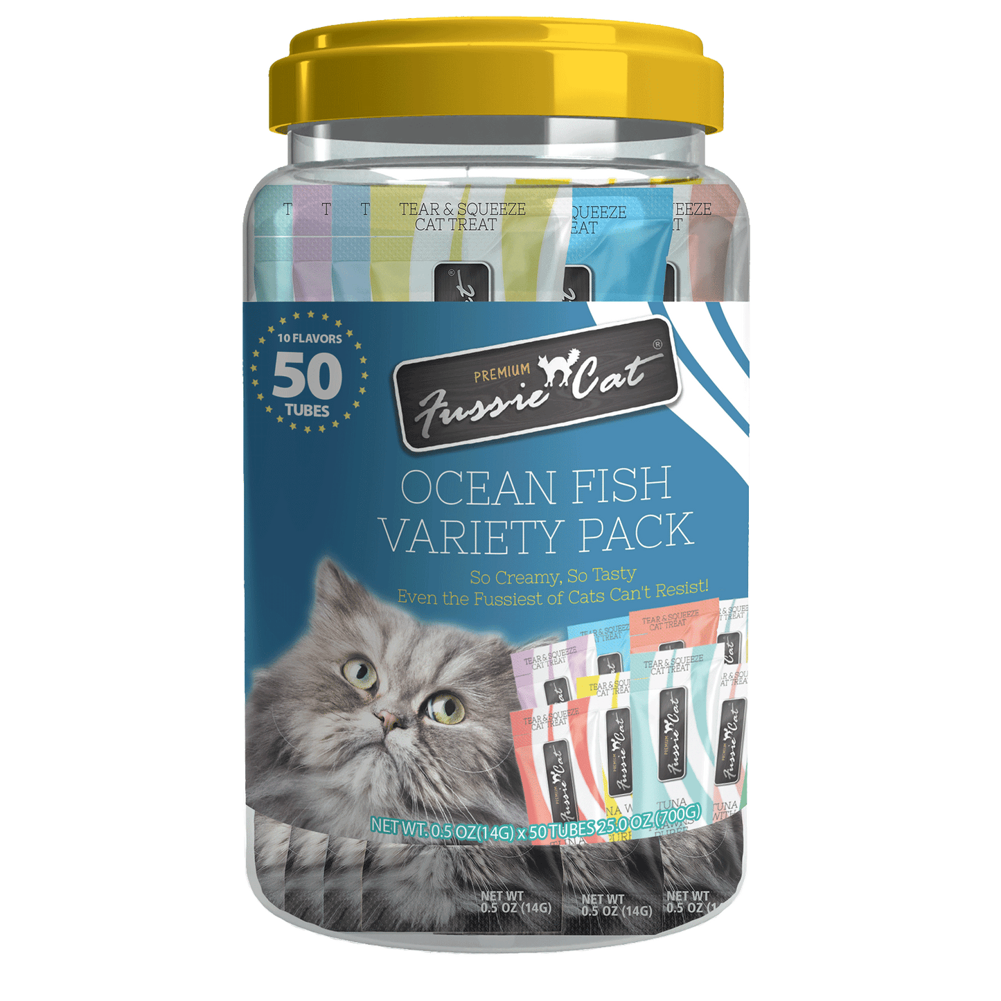 Fussie Cat Oceanfish Purée Variety 0.5-oz, 50-Pack, Cat Treats