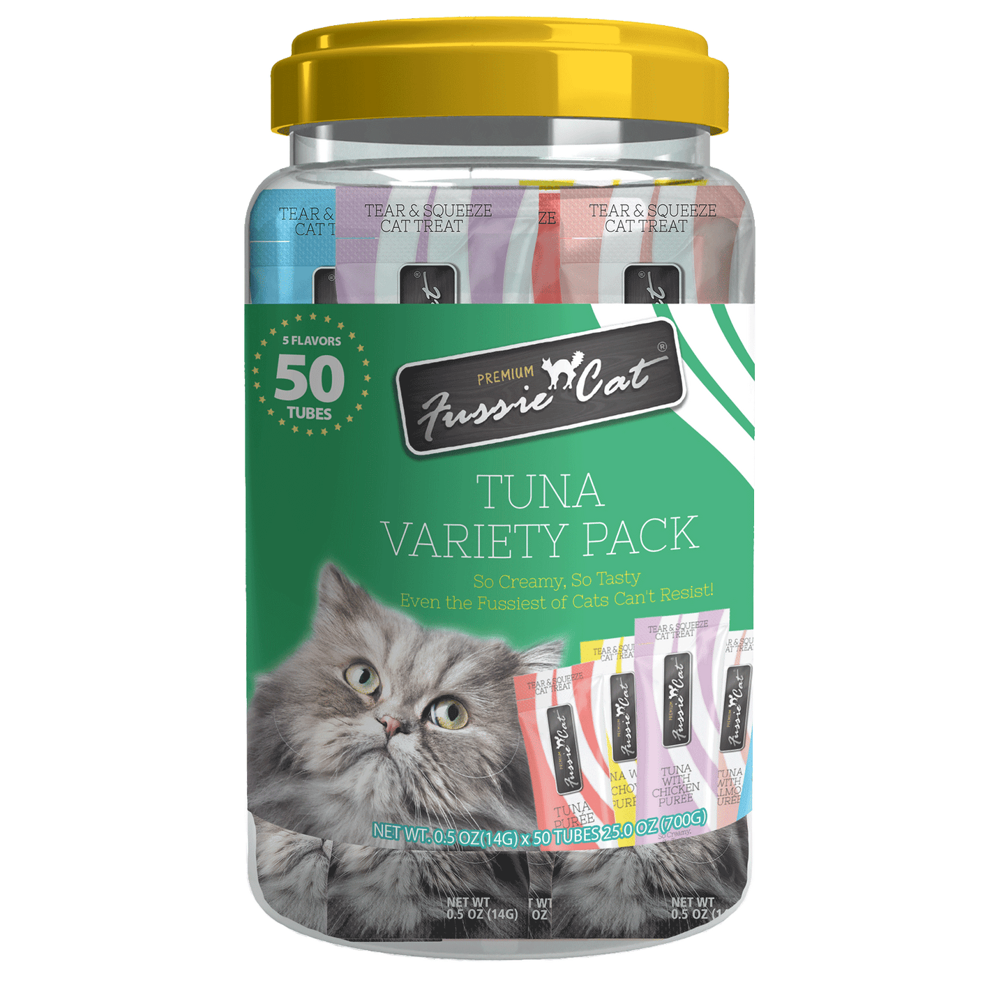 Fussie Cat Tuna Purée Variety 0.5-oz, 50-Pack, Cat Treats