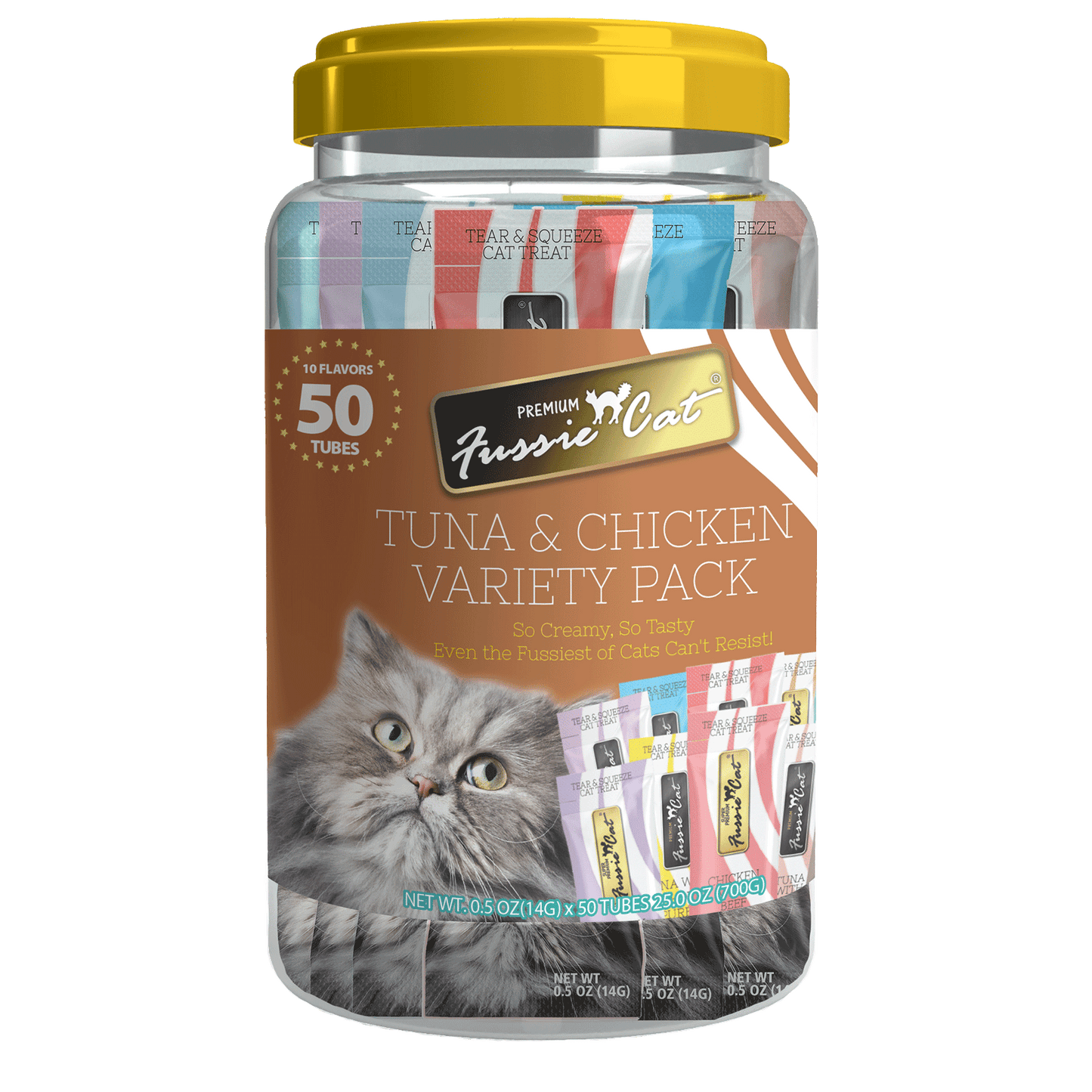 Fussie Cat Tuna & Chicken Purée 10 Flavor Variety 0.5-oz, 50-Pack, Cat Treats