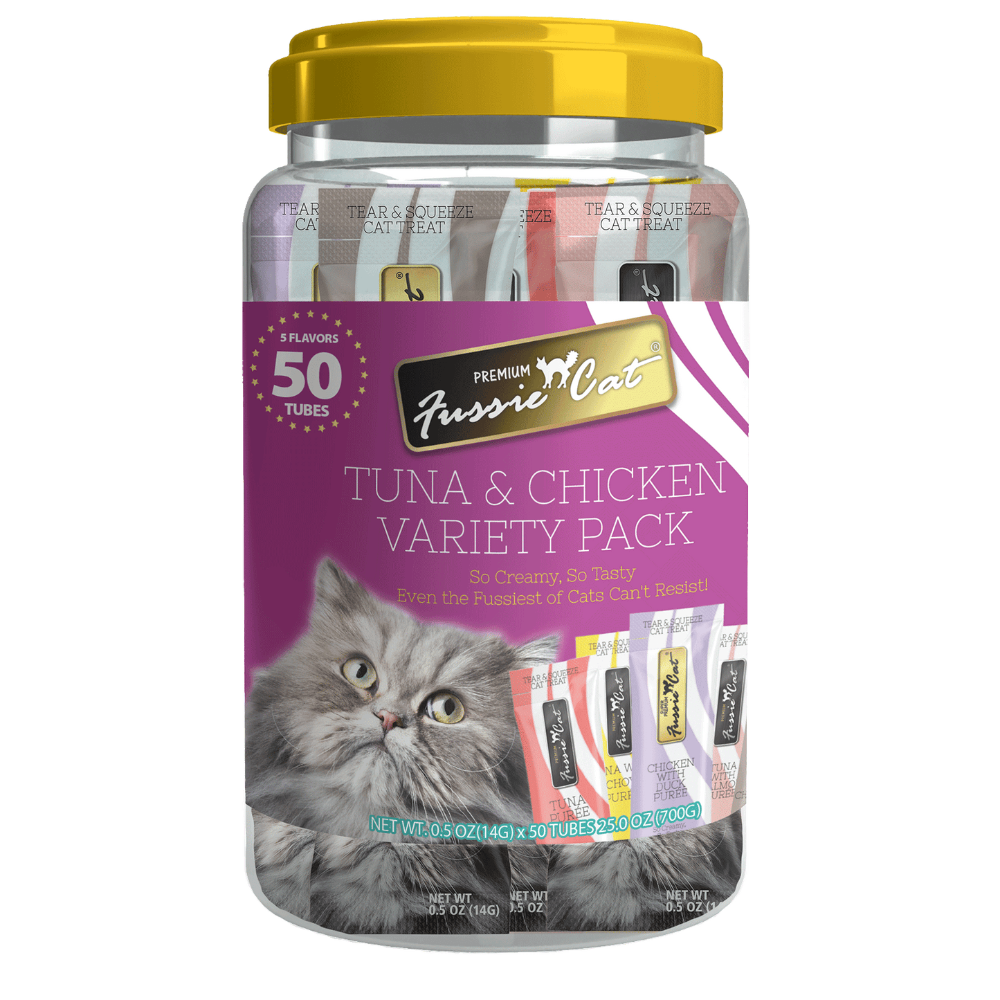 Fussie Cat Tuna & Chicken Purée 5 Flavor Variety 0.5-oz, 50-Pack, Cat Treats
