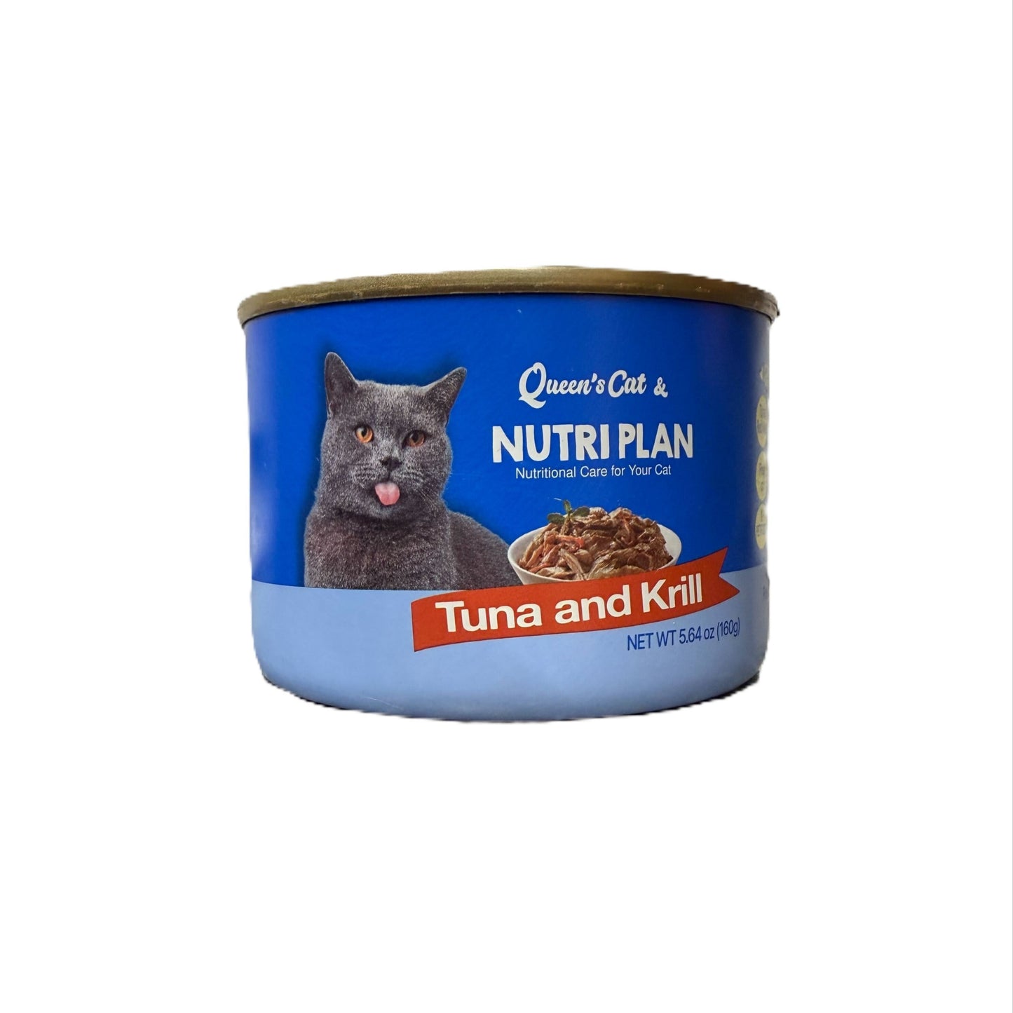 Can of Queen's Cat Nutri Plan Tuna and Krill cat food on a white background