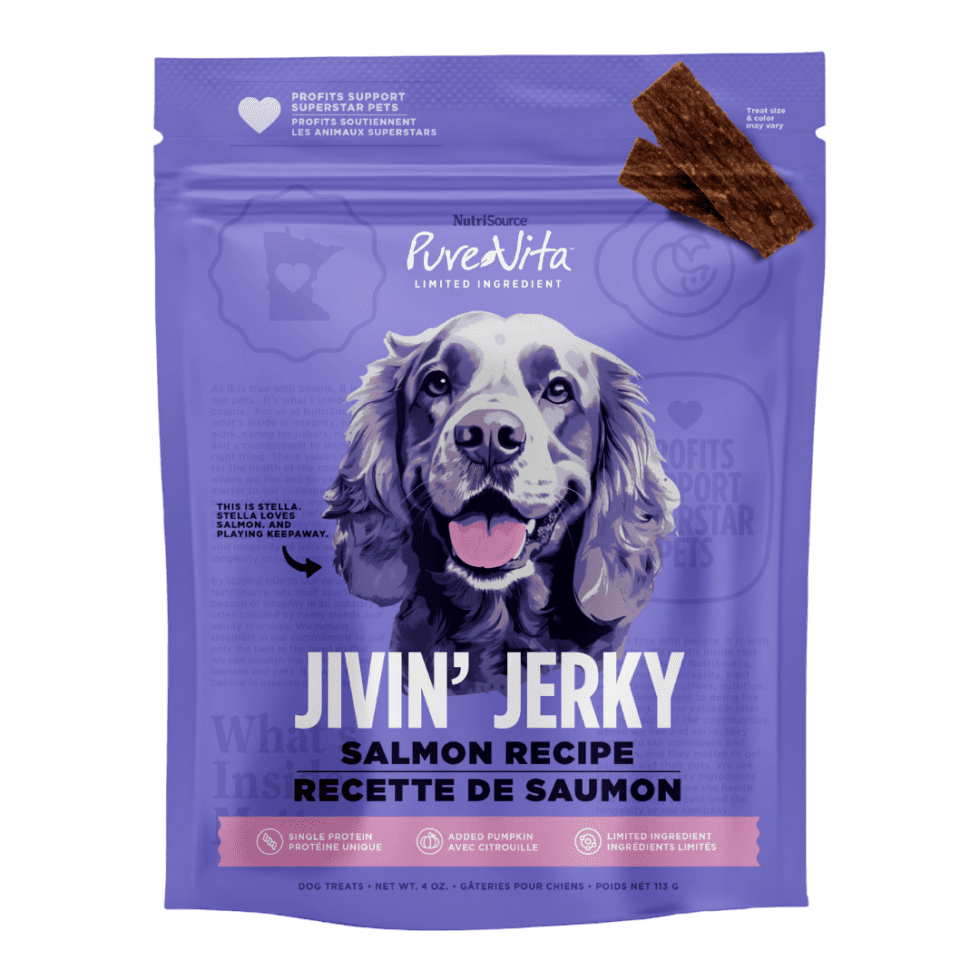Pure Vita Salmon Jivin' Jerky, Dog Treats, 4-oz Bags