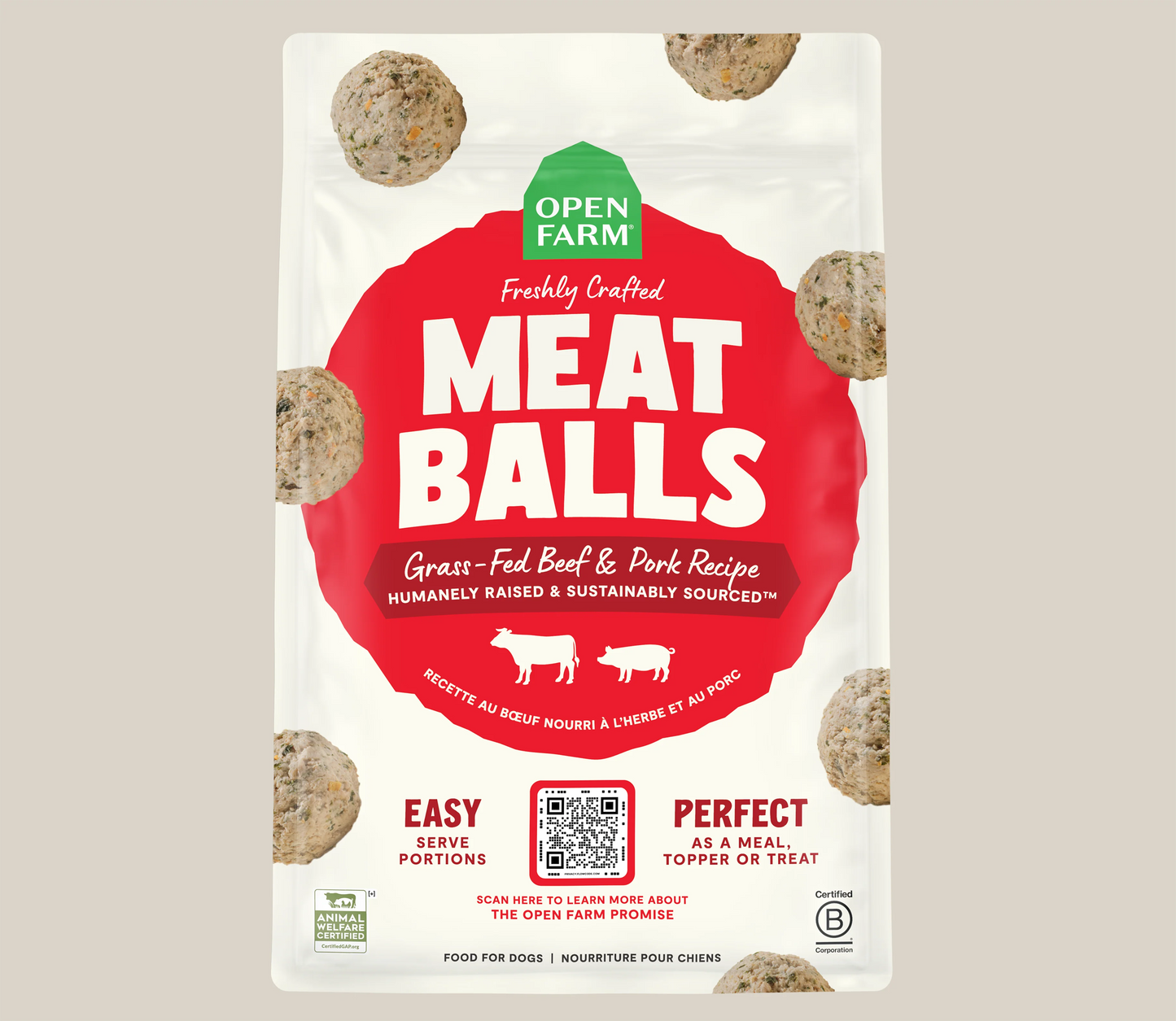 Open Farm Grass-Fed Beef & Pork Meatballs, Gently Cooked Frozen Dog Food