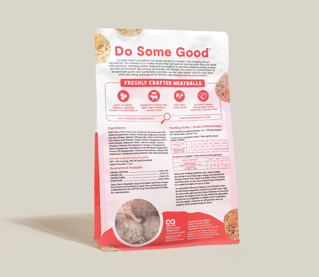 Open Farm Grass-Fed Beef & Pork Meatballs, Gently Cooked Frozen Dog Food