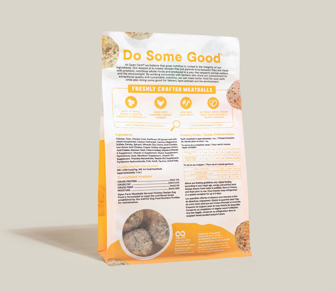 Open Farm Harvest Chicken Meatballs, Gently Cooked Frozen Dog Food