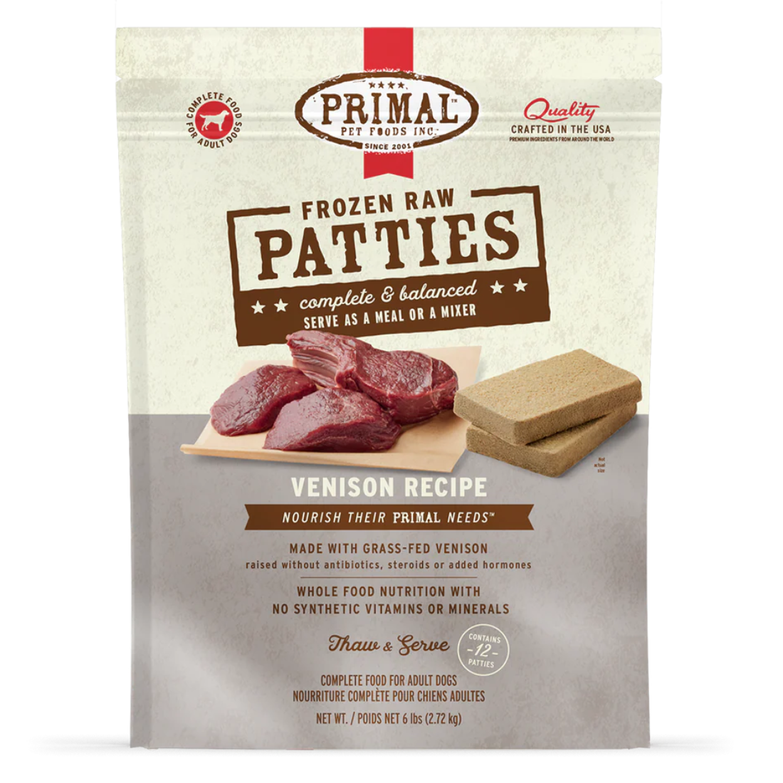 Primal Frozen Raw Patties Dog Food, Venison Recipe, 6-lb Patties