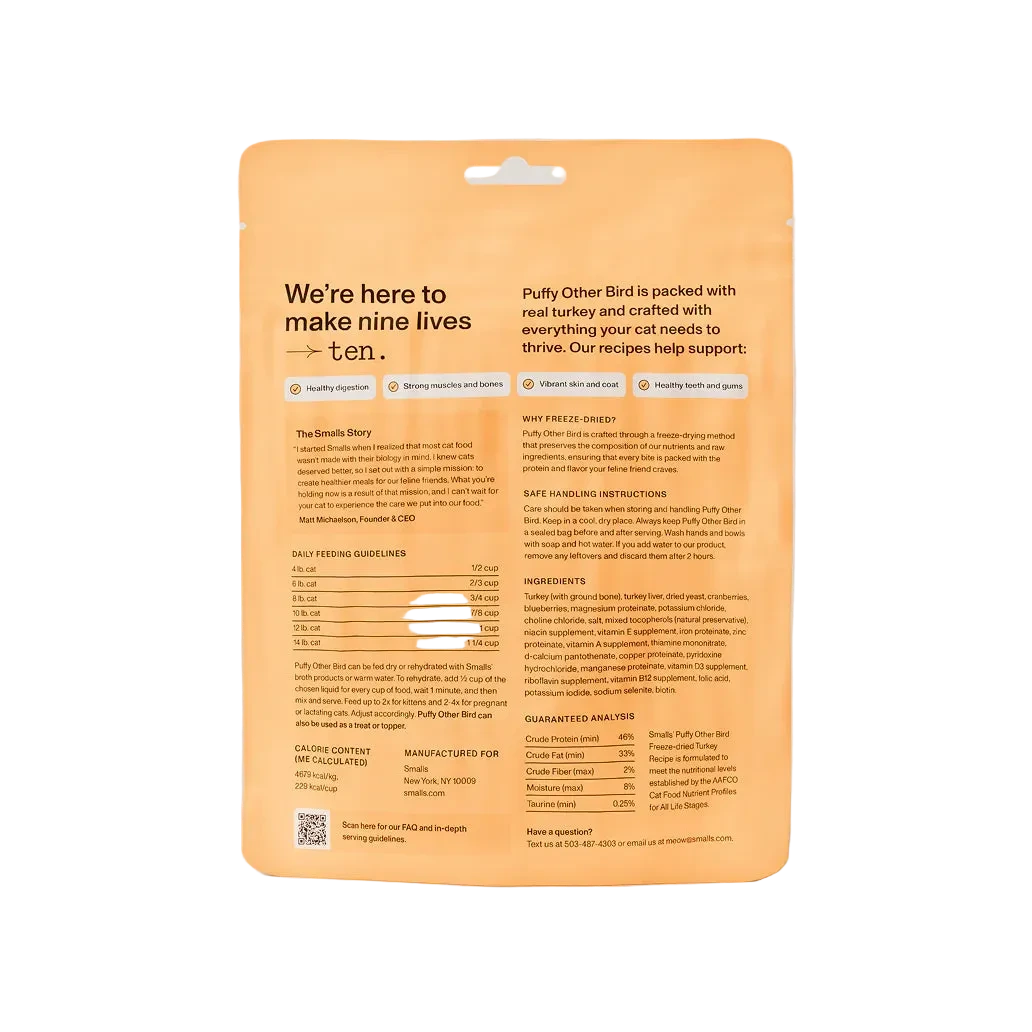 Smalls Puffy Other Bird Recipe, Freeze-Dried Raw Cat Food, 8-oz Bag