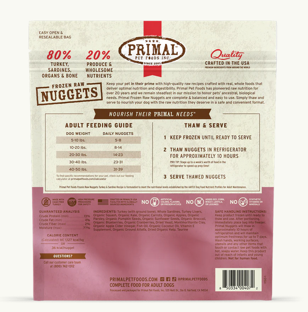 Primal Frozen Raw Turkey & Sardine Dog Food, 3-lb Nuggets