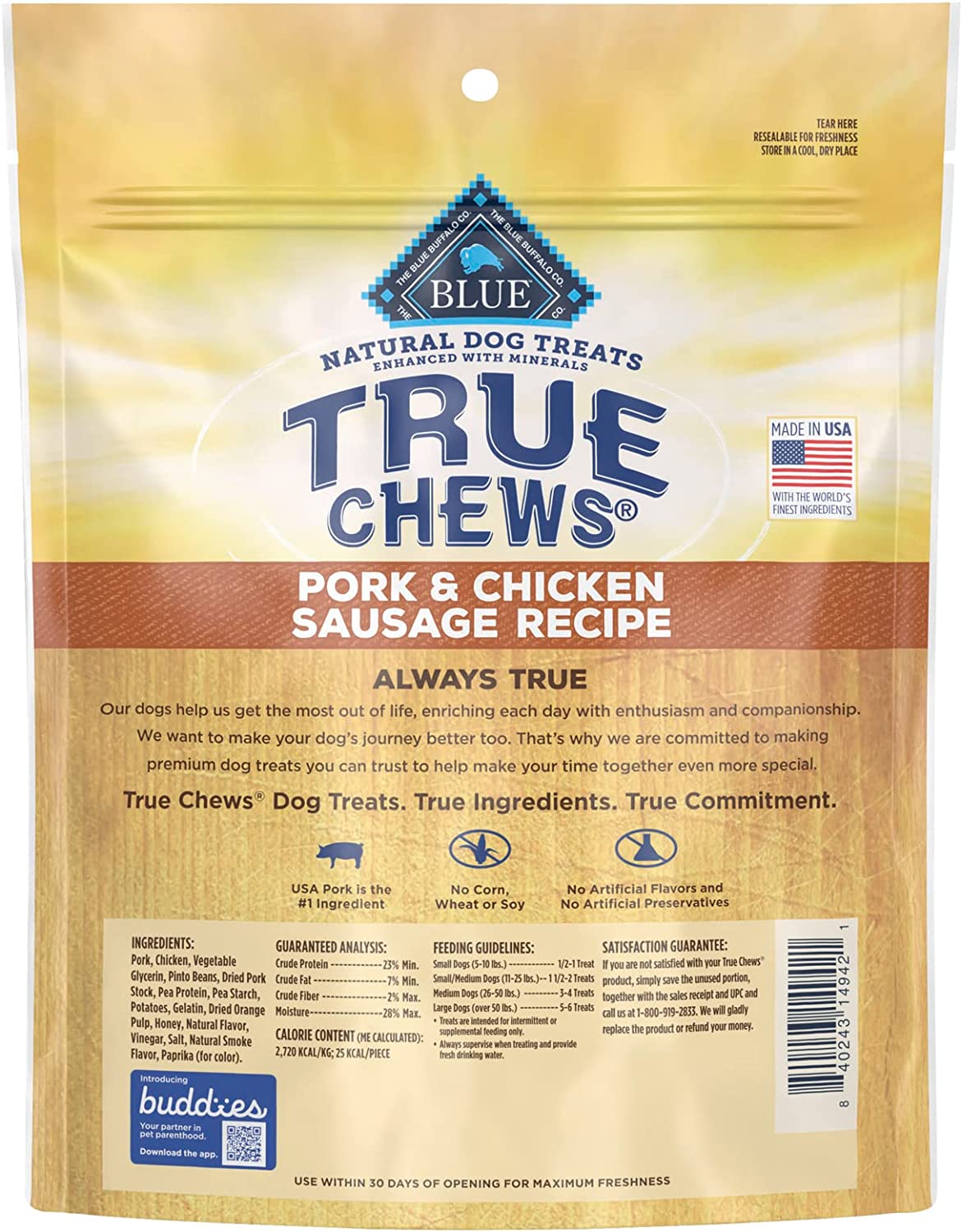 Blue Buffalo True Chews® Premium Treats Pork & Chicken Sausage Recipe 14-oz , Dog Treat