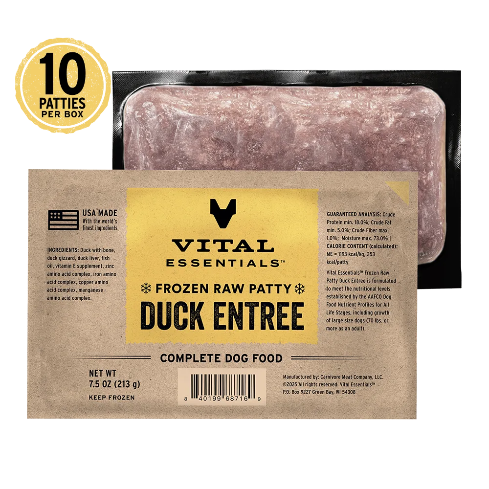Vital Essentials frozen raw patty duck entree dog food packaging with label