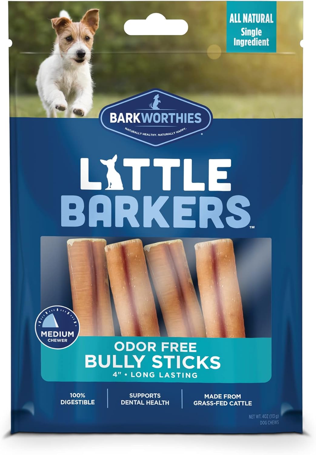 Barkworthies Little Barkers Odor Free Bully Sticks Dog Treats 4 in 4 Pack