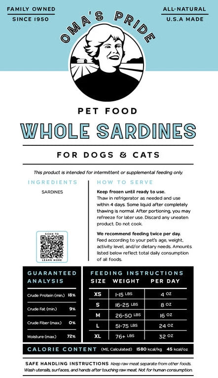 Oma's Pride Frozen Whole Sardines, Frozen Pet Supplement, 1-lb Pouch