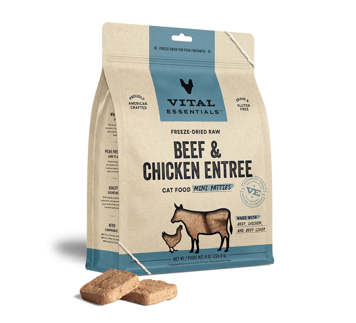 Vital Essentials Beef & Chicken Mini Patties, Freeze-Dried Cat Food, 8-oz Bag