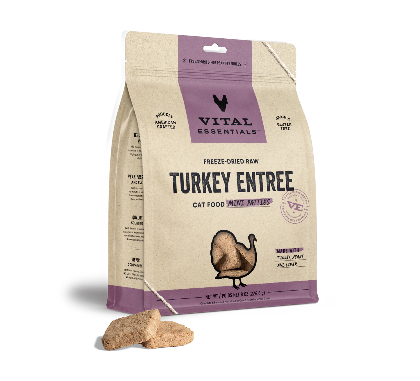 Vital Essentials Turkey Mini Patties, Freeze-Dried Cat Food, 8-oz Bag