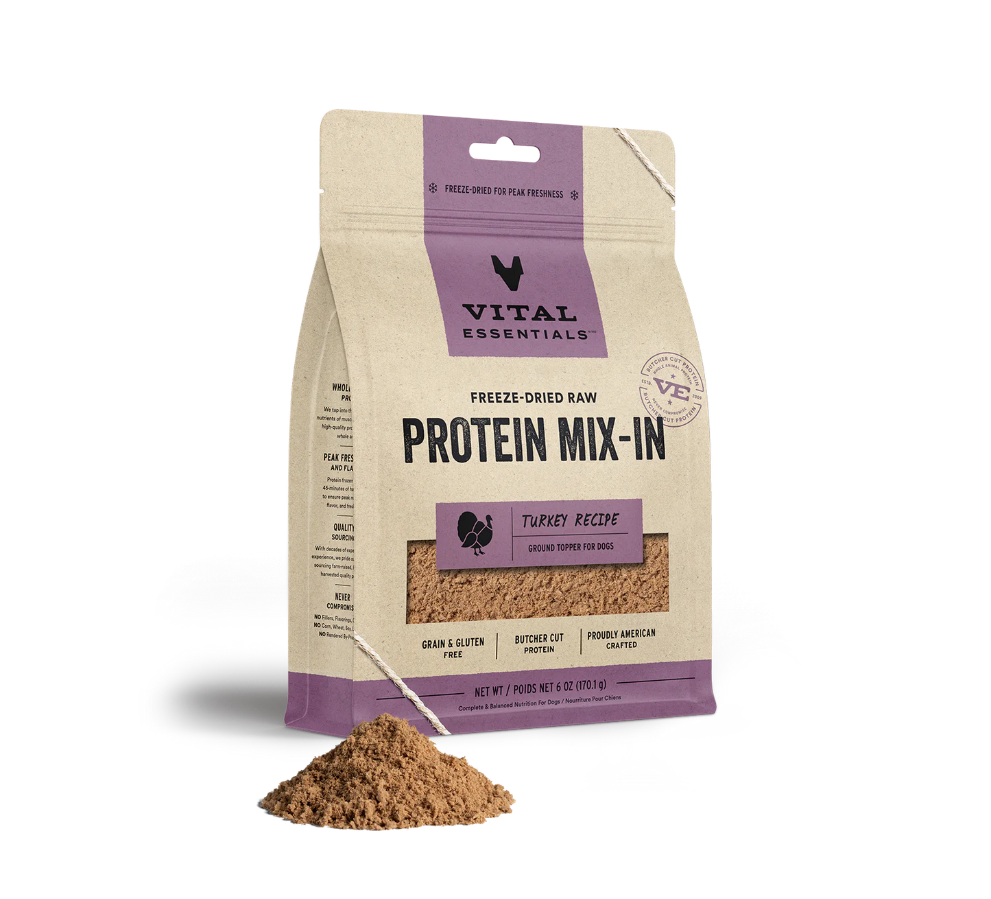 Vital Essentials Freeze-Dried Raw Protein Mix-In Turkey Ground Topper For Dogs, 6-oz Bag
