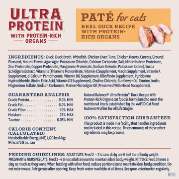 Natural Balance Ultra Protein Real Duck with Protein-Rich Organs Pate Recipe, Wet Cat Food, 2.8-oz Case of 24