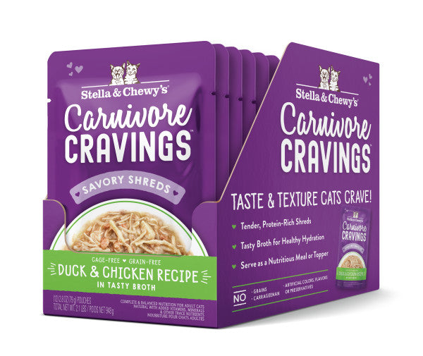 Stella & Chewy's Carnivore Cravings Savory Shreds - Duck & Chicken Recipe Dinner in Broth, 2.8-oz Pouch