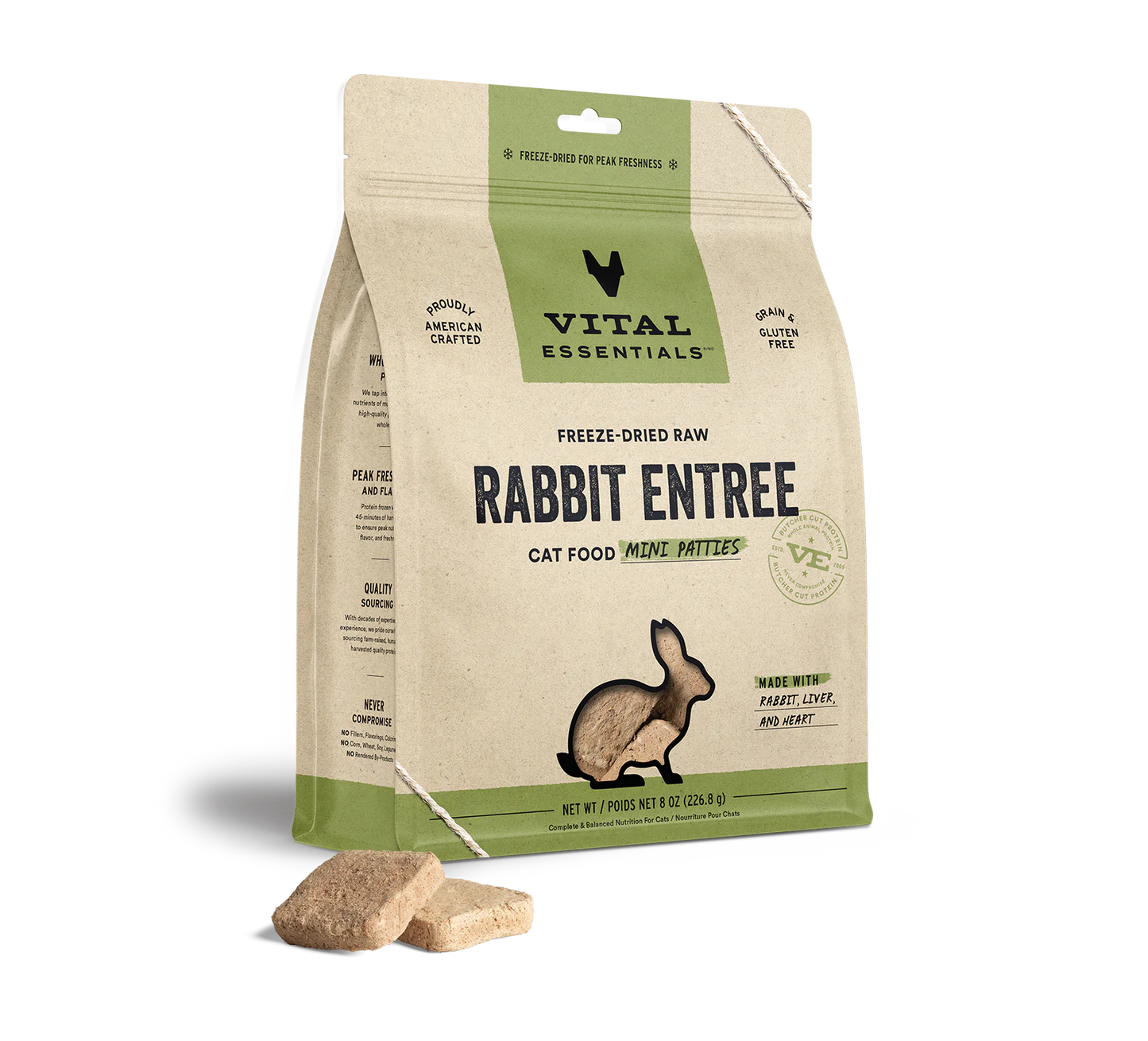Vital Essentials Rabbit Mini Patties, Freeze-Dried Cat Food, 8-oz Bag