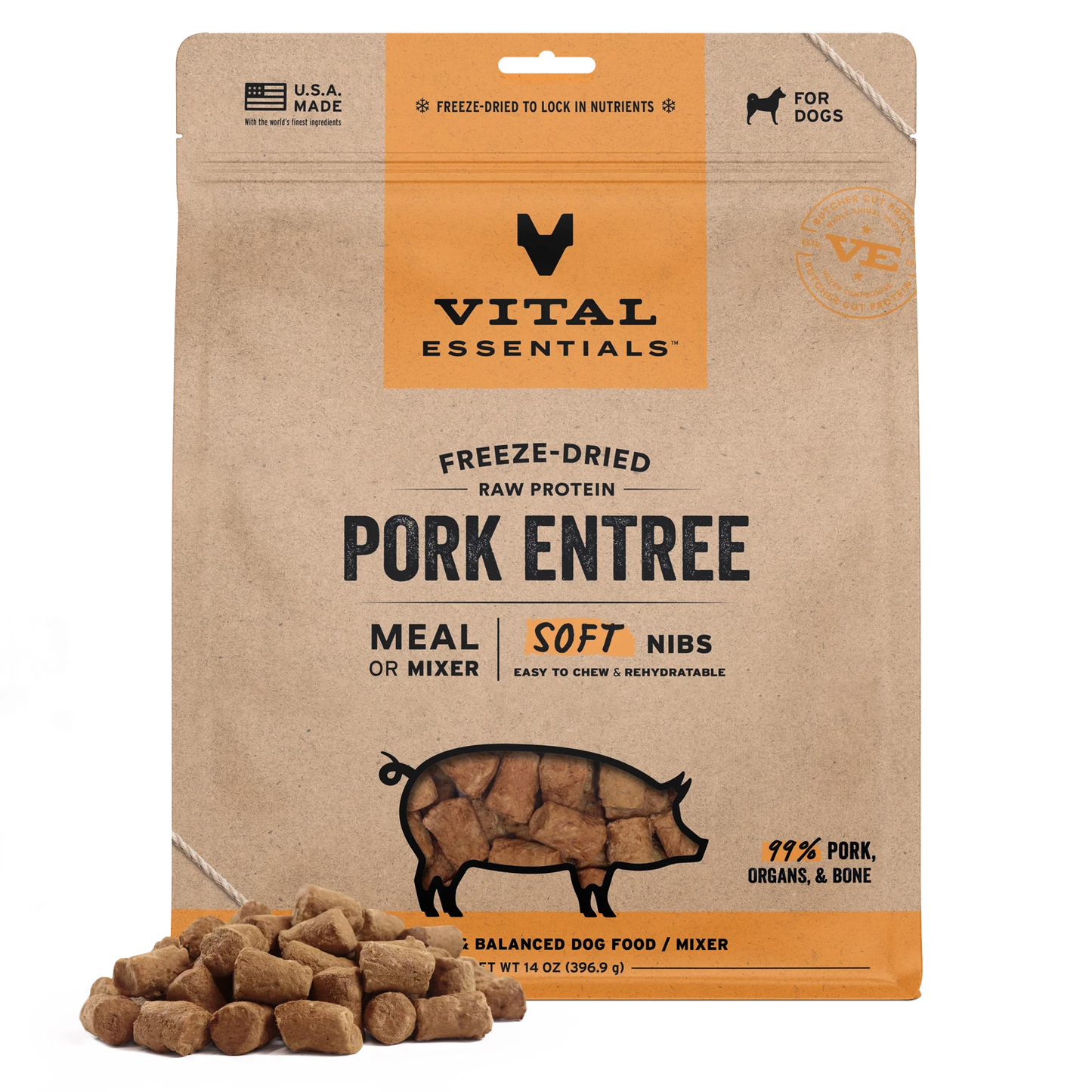 Vital Essentials Pork Soft Nibs Meal or Mixer Freeze-Dried Raw Dog Food, 14-oz Bag