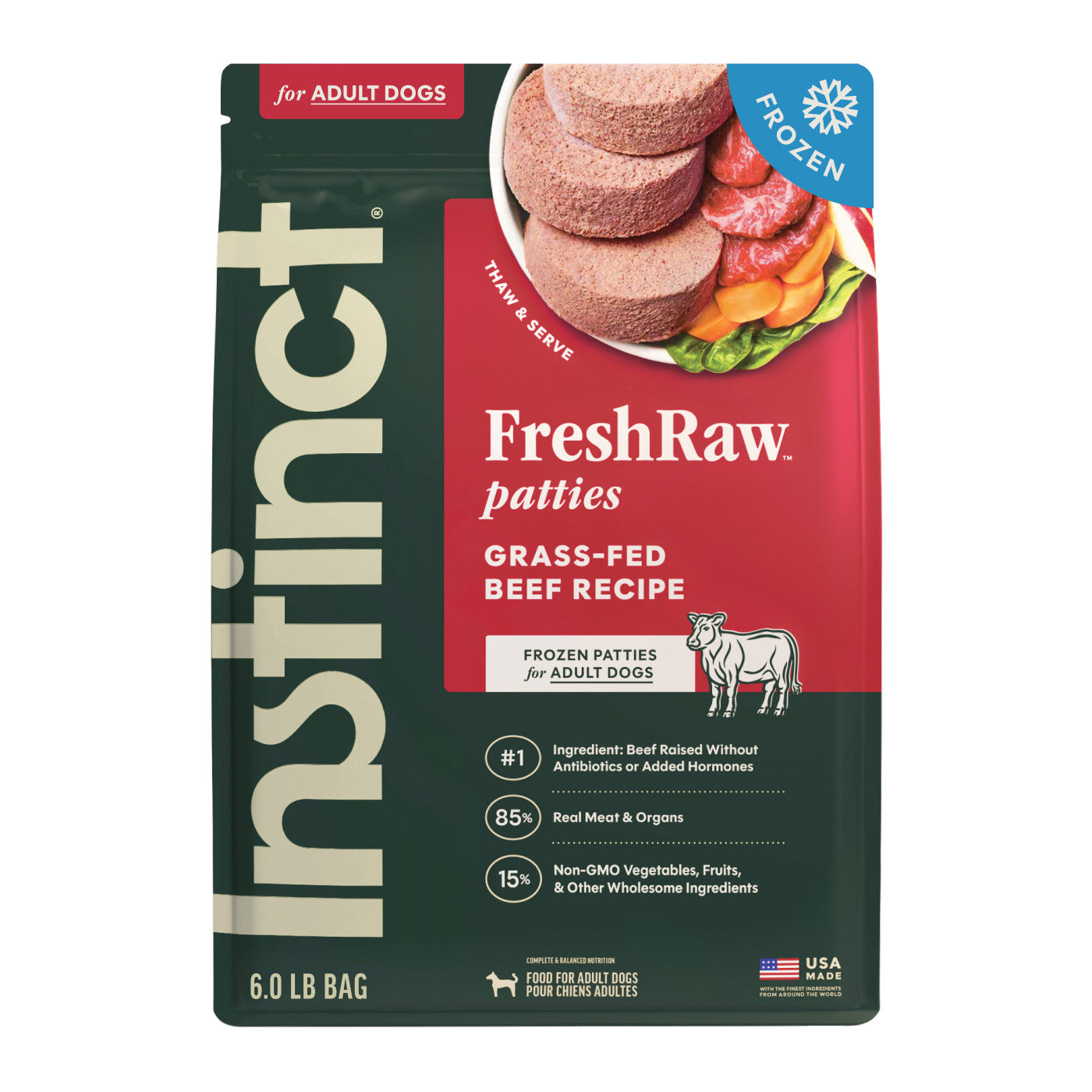 Instinct Frozen Raw Patties Grain-Free Real Beef Recipe Dog Food, 6-lb