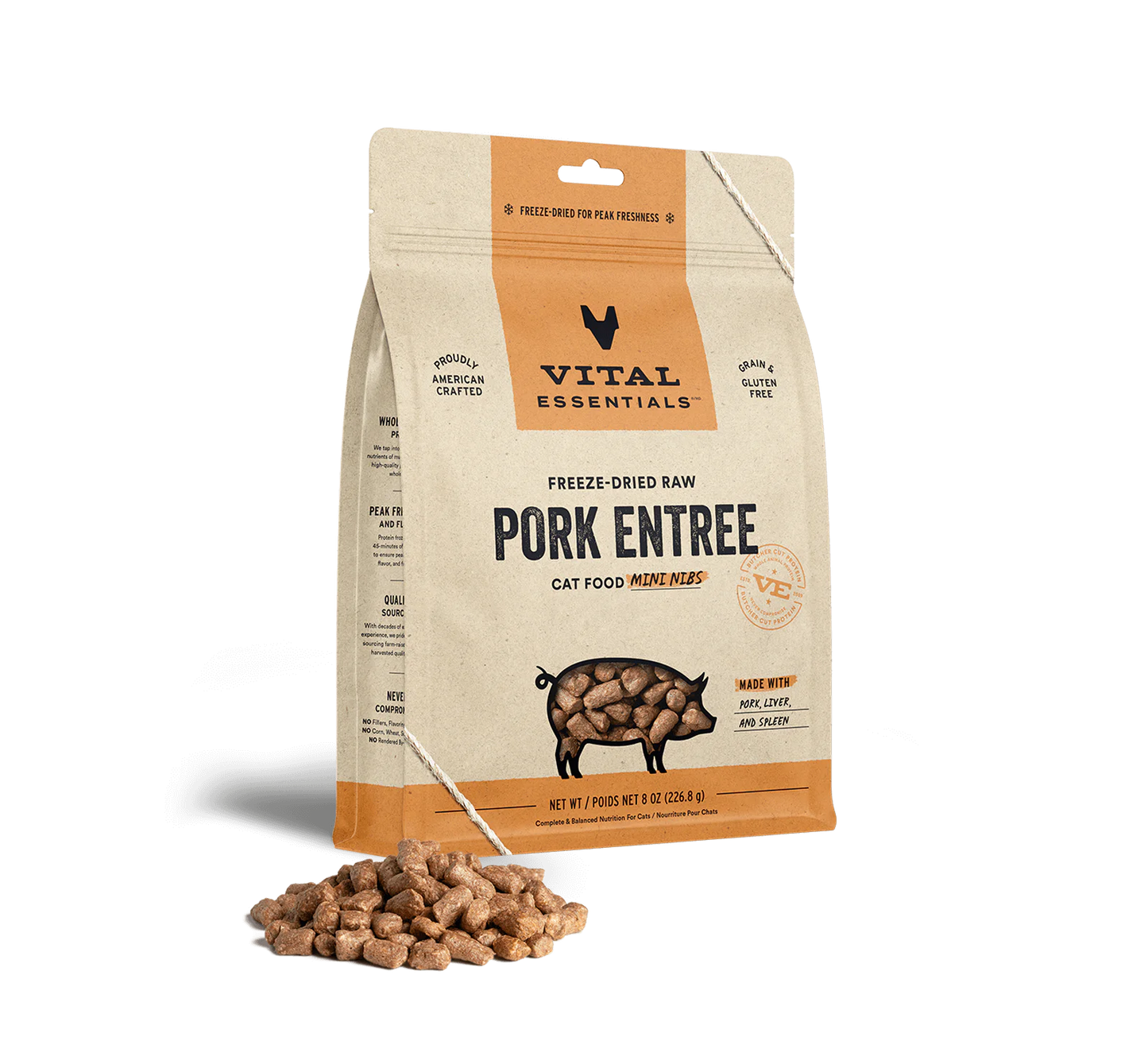 Vital Essentials Pork Mini Nibs, Freeze-Dried Cat Food, 12-oz Bag