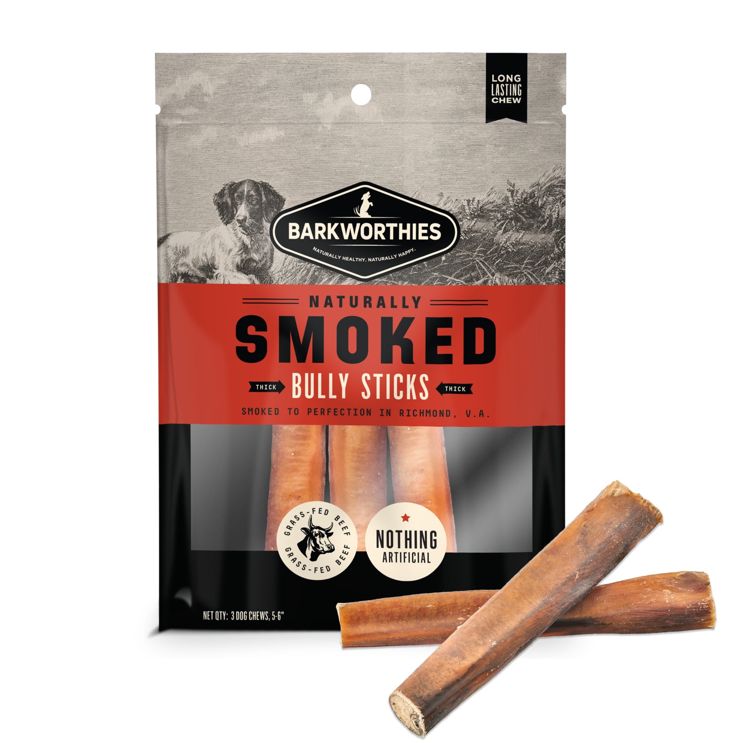 Barkworthies Naturally Smoked 6" Thick Bully Sticks 3 Pack, Dog Chew