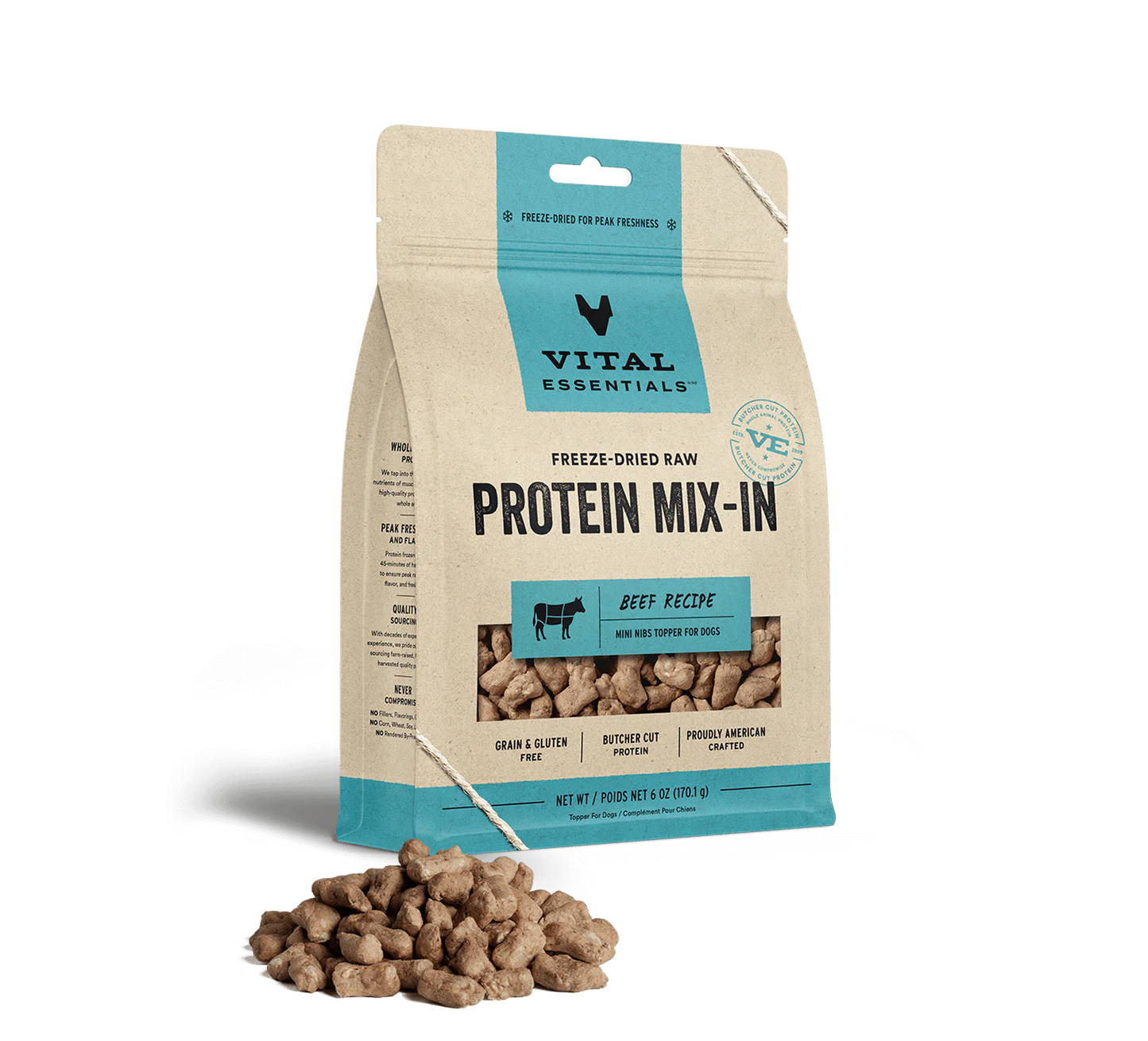Vital Essentials Freeze-Dried Raw Protein Mix-In Beef Mini Nibs Topper For Dogs, 6-oz Bag