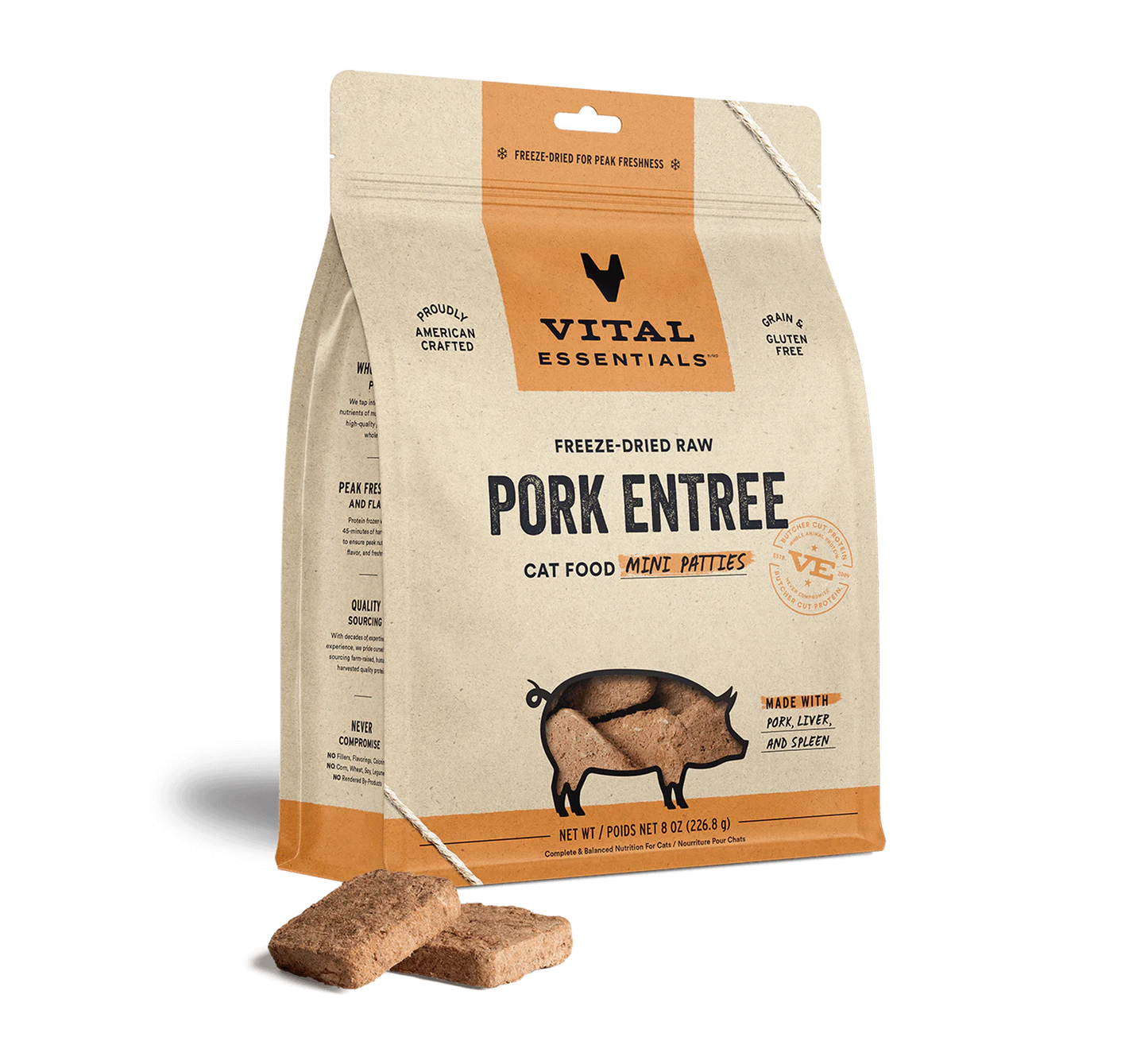 Vital Essentials Pork Mini Patties, Freeze-Dried Cat Food, 8-oz Bag