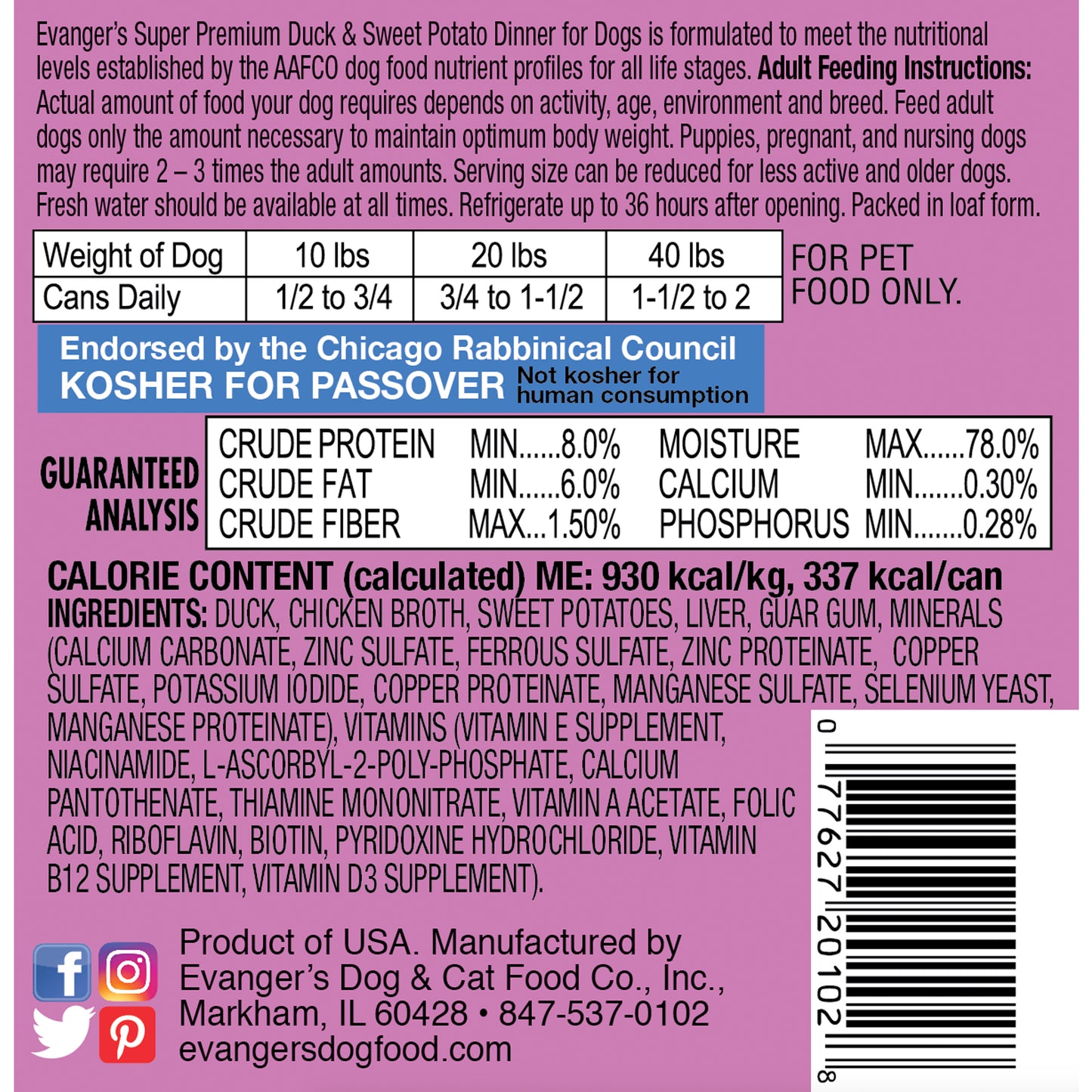 Evanger's Super Premium Duck & Sweet Potato Dinner, Wet Dog Food, 12.5-oz Case of 12