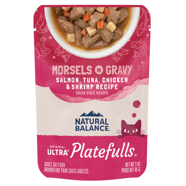 Natural Balance® Natural Balance® Platefulls® Indoor Salmon, Tuna, Chicken, & Shrimp Formula in Gravy, Wet Cat Food, 3-oz Case of 24