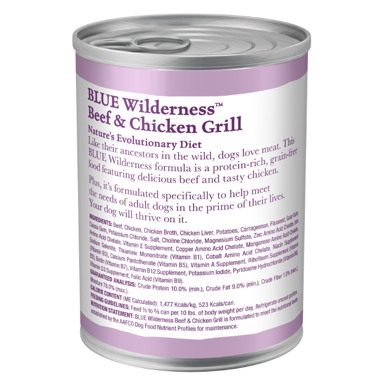Blue Buffalo Wilderness High Protein, Natural Adult Wet Dog Food, Beef & Chicken Grill 12.5-oz, Case of 12