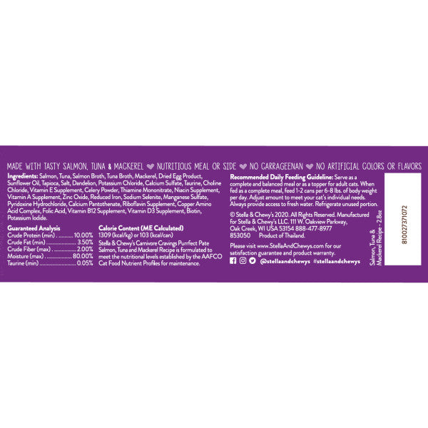 Stella & Chewy's Carnivore Cravings Purrfect Pate Salmon, Tuna, and Mackerel Pate Recipe in Broth, 2.8-oz Case of 12