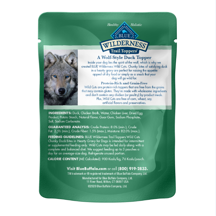 Blue Buffalo Wilderness Trail Toppers Wild Cuts High Protein, Natural Wet Dog Food, Chunky Duck Bites in Hearty Gravy 3-oz pouches, Case of 24