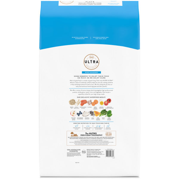 NUTRO ULTRA Adult Weight Management High Protein Natural Dry Dog Food with a Trio of Proteins from Chicken, Lamb and Salmon, 30-lb Bag