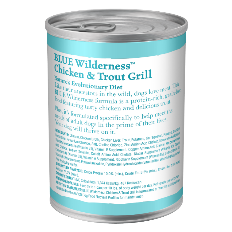 Blue Buffalo Wilderness High Protein, Natural Adult Wet Dog Food, Trout & Chicken Grill 12.5-oz, Case of 12