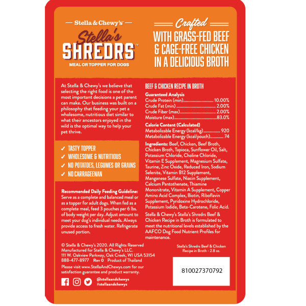 Stella and Chewy's Shredrs Grass Fed and Cage-Free Beef & Chicken Recipe 2.8-oz, Wet Dog Food
