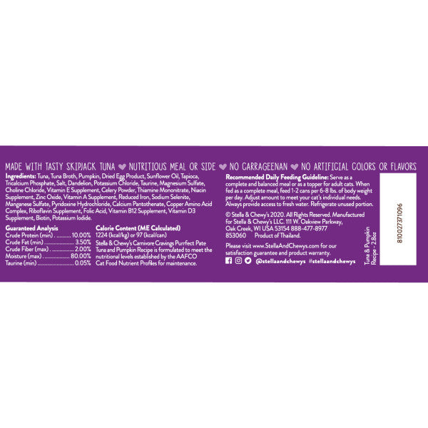 Stella & Chewy's Carnivore Cravings Purrfect Pate Tuna and Pumpkin Pate Recipe in Broth, 2.8-oz Case of 12