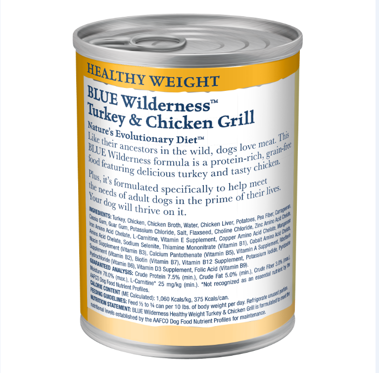 Blue Buffalo Wilderness High Protein, Natural Adult Healthy Weight Wet Dog Food, Turkey & Chicken Grill 12.5-oz, Case of 12